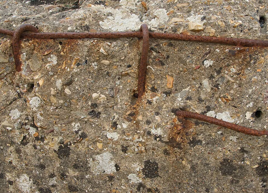 Close-up of steel reinforcement bars set in concrete